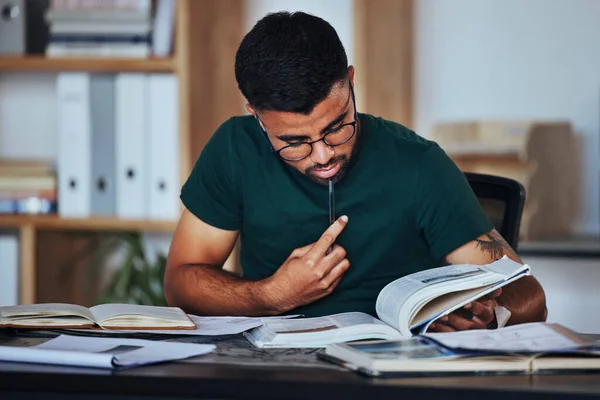 Student Black Man Books Study Home Desk Thinking Reading Studying — Stock Photo, Image