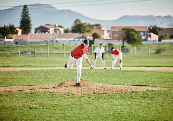 Giocatore Baseball Competitivo Atleta Lanciano Lanciano Palla Una Partita Partita — Foto Stock