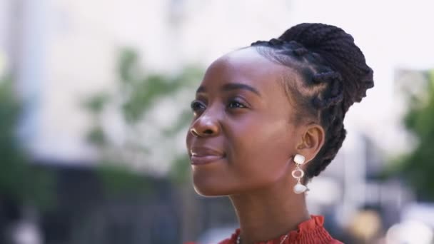 黒の女性の顔 リラックスして幸せな屋外でナイジェリアからの若い人の閉鎖 アフリカの女性の肖像画 幸せと笑顔背景がぼやけて夏の休日からの自由を感じて — ストック動画