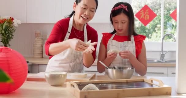 在中国农历新年期间 在厨房里与妈妈和女孩一起做饭 学习和亚洲话 在家里 为了文化 健康和微笑 给妈妈和孩子们提供食物 快乐和饺子 — 图库视频影像