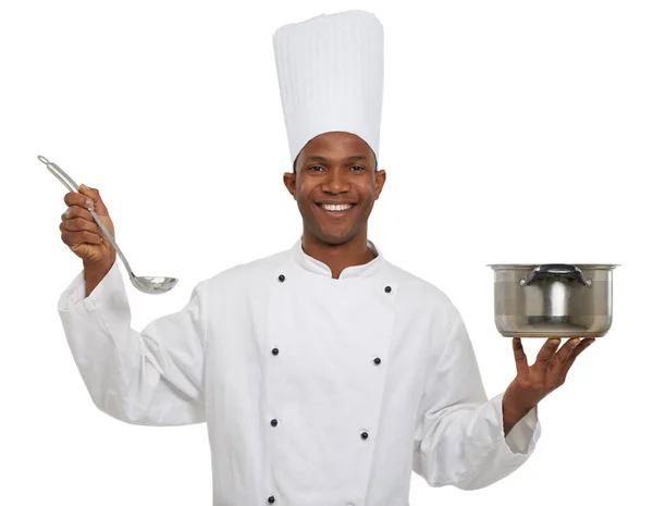 Pojďme Vařit Portrét Afrického Kuchaře Držícího Naběračku Hrnec — Stock fotografie