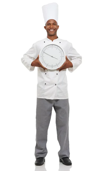 Šéfkuchaři Jsme Pořád Střehu Portrét Afrického Kuchaře Držícího Hodiny — Stock fotografie