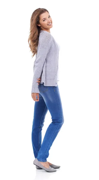 Schoonheid Blauwe Jeans Studio Shot Van Een Aantrekkelijke Jonge Vrouw — Stockfoto