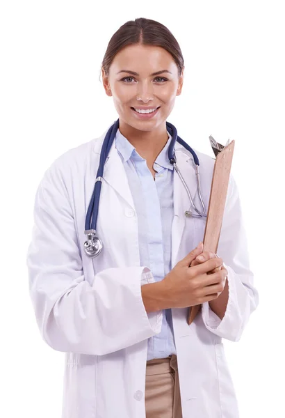 Portrait Beautiful Young Doctor Holding Clipboard Smiling White Background — Fotografia de Stock
