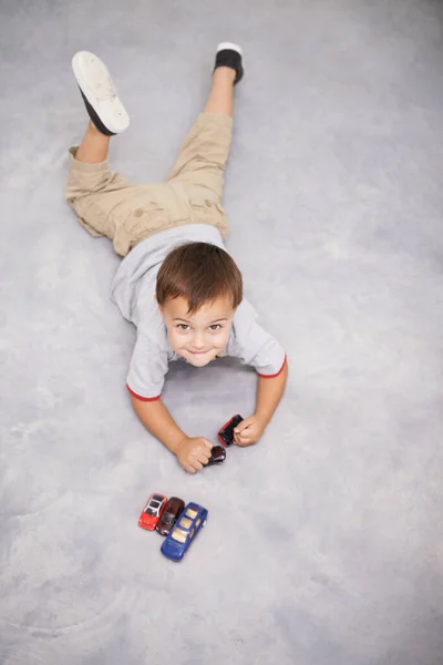 Playing Garage High Angle Shot Cute Young Boy Playing Toy — Stock Photo, Image