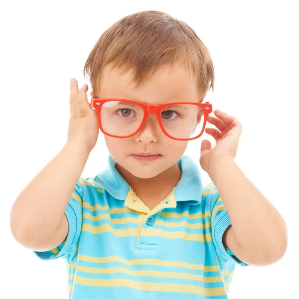 Como Minhas Novas Especificações Estúdio Retrato Menino Bonito Usando Óculos — Fotografia de Stock