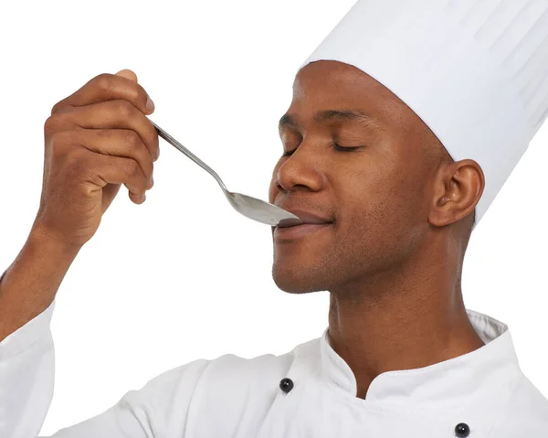 Just Taste See Its Ready African Chef Tasting His Food — Stock Photo, Image