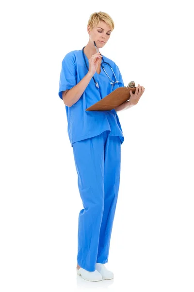 Taking Look Patients Chart Young Female Doctor Holding Clipboard White — Stock Photo, Image