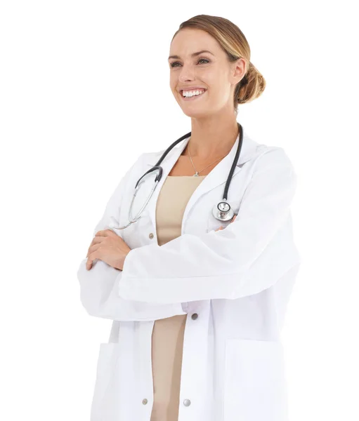 Passionate Her Profession Beautiful Female Doctor Smiling Camera Her Arms — Stock Photo, Image