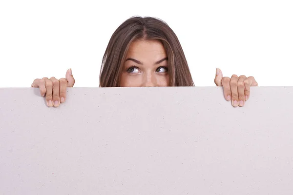 Peering Her Poster Young Woman Hiding Blank Poster Peering Upwards — Stock Photo, Image