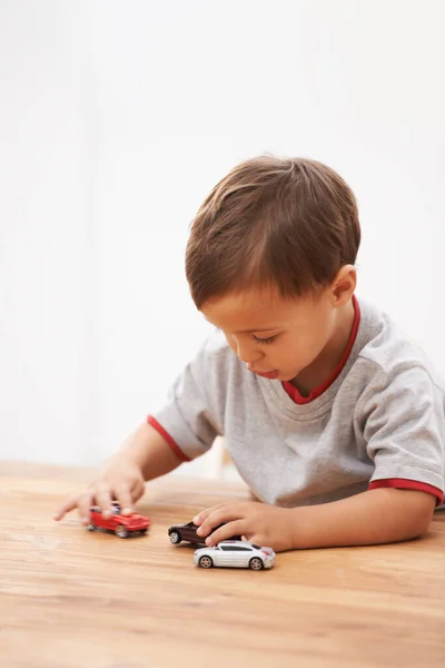 Boys Toys Cute Young Boy Playing Toy Cars — Stock Photo, Image