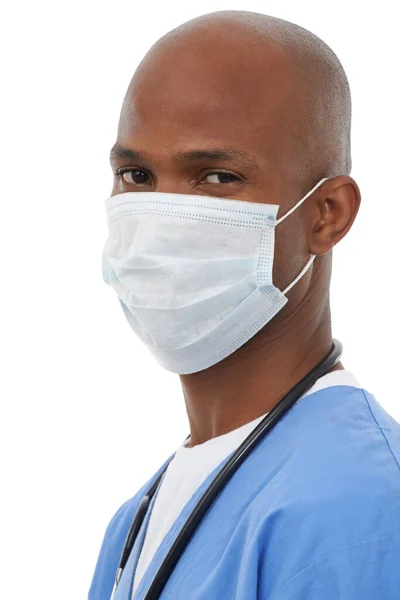 病気にならないように マスクをした医者がカメラを見て — ストック写真