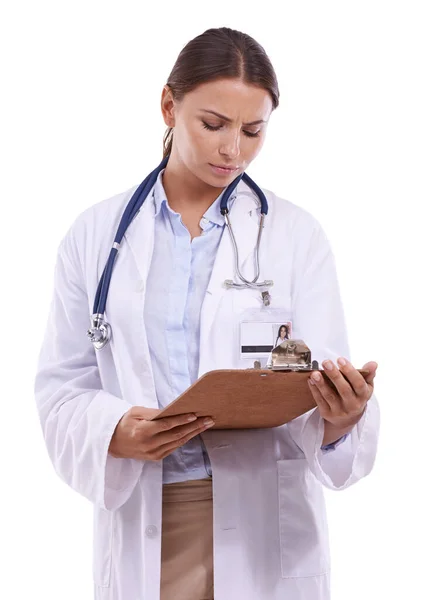 Mam Akta Pacjentów Aktach Kobieta Lekarz Patrząca Góry Dokument Schowku — Zdjęcie stockowe
