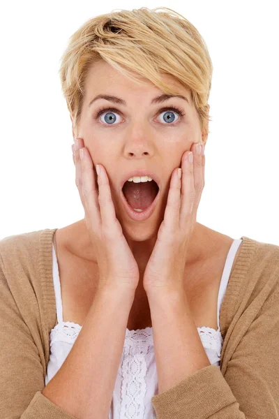 Aghast Surprised Young Woman Hand Her Face Isolated White Background — Stock Photo, Image
