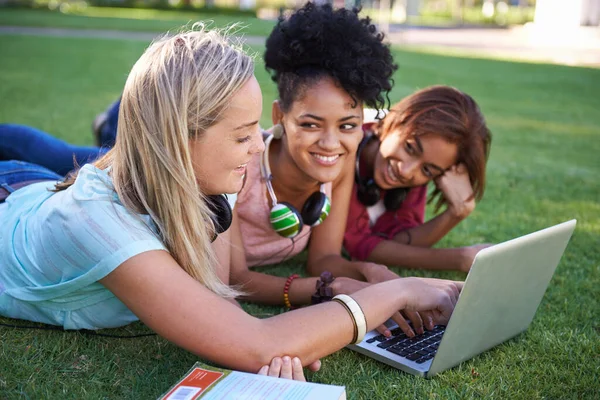 学习使乐趣 三个年轻的学生躺在公园的草地上 用笔记本电脑 — 图库照片