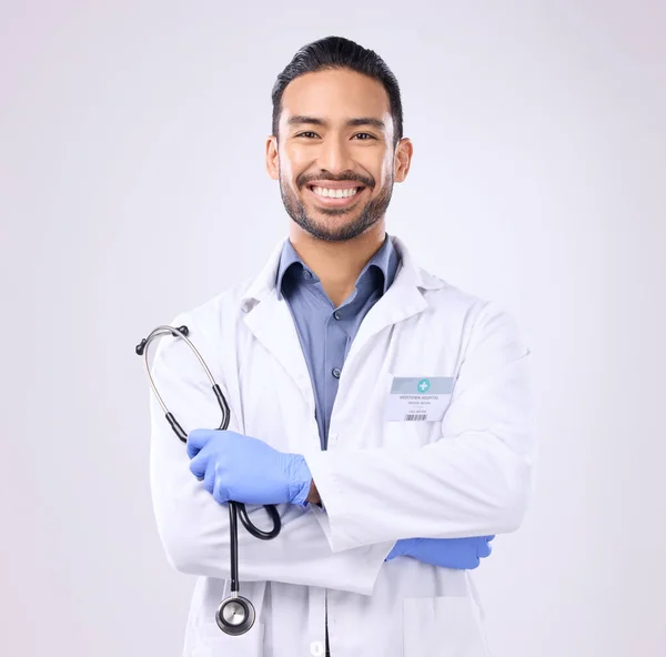 Portret Azjata Lekarz Stetoskopem Sukces Motywacja Szarym Tle Pracowni Twarz — Zdjęcie stockowe