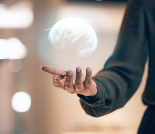 Globe, hologram and person hands for global networking, digital world overlay and futuristic business data. Holographic, future technology and woman worldwide solution in palm for night connection.