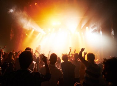 Music concert, band or silhouette audience with music, rock and live performance, energy and festival with men or women. People, dance or lights at musical event, crowd or dancing to audio with stage. clipart