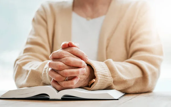 Bible, praying or hands of old woman in prayer reading book for holy worship, support or hope in Christianity or faith. Relax, zoom or elderly person studying or learning God in spiritual religion.