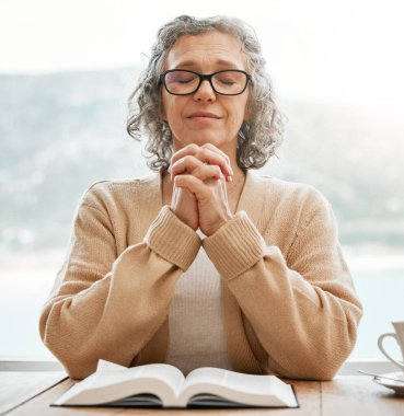 İncil, dua eden ya da dua eden yaşlı bir kadın kutsal ibadet, destek ya da inanç için kitap okuyor. Rahatlayın, meditasyon yapın ya da Tanrı 'yı dinsel olarak öğrenin ya da öğrenin..