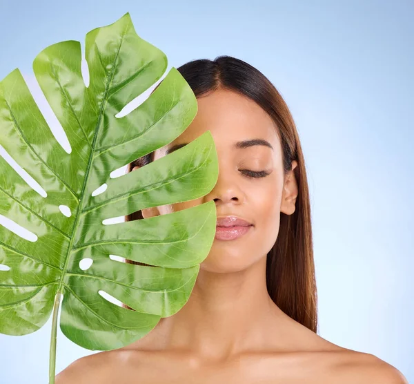 Kvinna Löv Och Lugn Naturlig Skönhet För Ekologisk Hudvård Kosmetika — Stockfoto