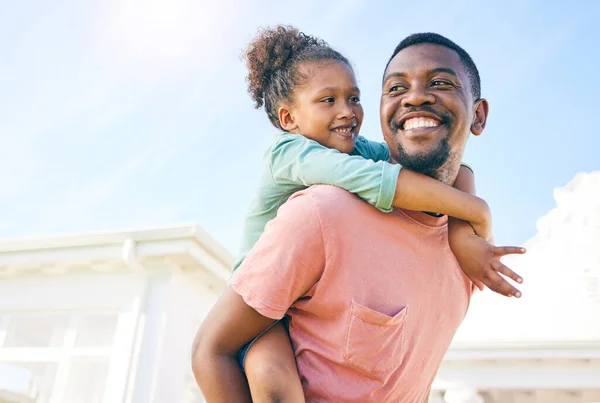 stock image Mockup, piggy back and black father with girl, outside new house and playful family with love and happiness. African American dad carry daughter, happy child and kid with smile, fun and cheerful.