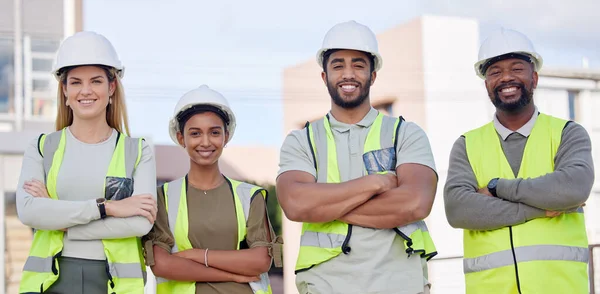 Architecture, construction team and diversity in portrait, contractor group smile with work at building site. Architect, engineer and people with arms crossed, solidarity and trust in collaboration.