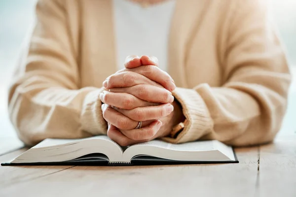 Bible, praying or hands of woman in prayer reading book for holy worship, support or hope in Christianity or faith. Jesus Christ, zoom or elderly person studying or learning God in spiritual religion.
