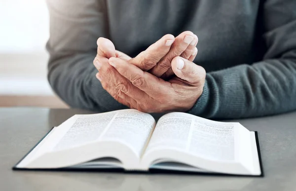 Bible, reading book or old man praying for hope, help or support in Christianity religion or holy faith. Believe, prayer or senior person studying or worshipping God in spiritual literature at home.