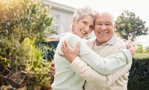 Happy Love Hug Portrait Old Couple Bonding Support Retirement Smile — Stock Photo, Image