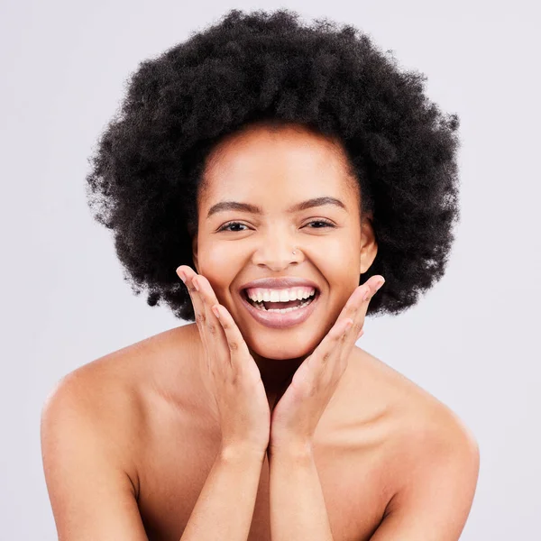 Hands Skincare Portrait Black Woman Studio Natural Hair Cosmetics Grey — Stock Photo, Image