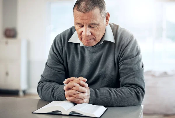 Bible, reading book or old man praying for hope, help or support in Christianity religion or holy faith. Believe, prayer or senior person studying or worshipping God in spiritual literature at home.