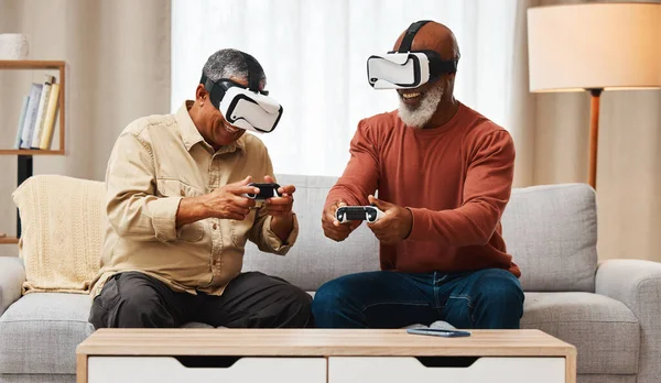 Vr, friends and senior men gaming in home on sofa in living room while laughing at meme. 3d technology, metaverse gamer and smile of happy retired people playing futuristic games with controller