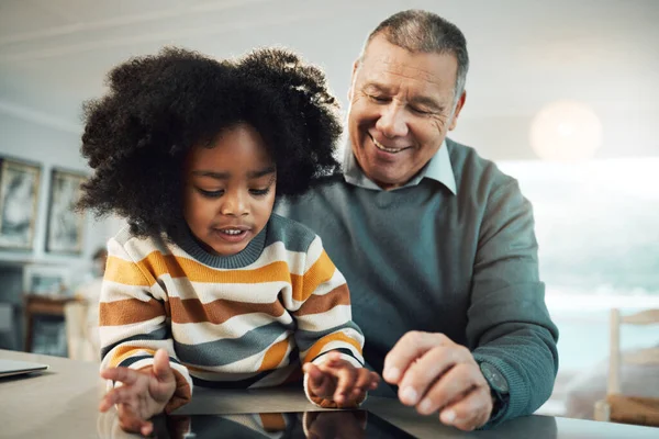Education, home school and grandfather helping child with reading for an assignment or project. Learning, bonding and elderly man teaching boy kid grandchild with homework in the living room at home