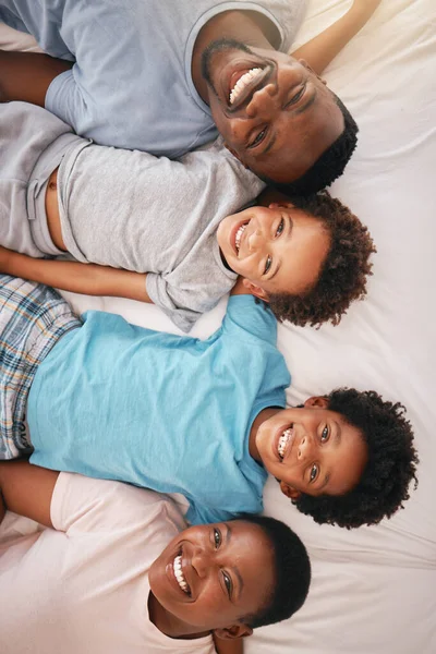 Happy Black Family Bed Portrait Top View Happiness Kids Together — Stock Photo, Image