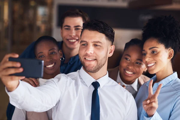 Selfie, professional people and office team or group in corporate diversity, staff peace sign and coworking online. Happy corporate friends, career influencer or employees in profile picture or image.