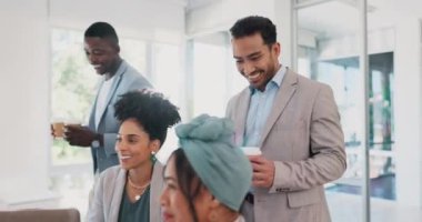 Business people, big company or happy diversity meeting on international planning laptop, global growth strategy or target paper analytics. Smile, mixed race workers or office teamwork collaboration.