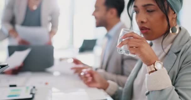 Smiling Business Woman Drinking Water Meeting While Planning Collaboration Team — Stockvideo