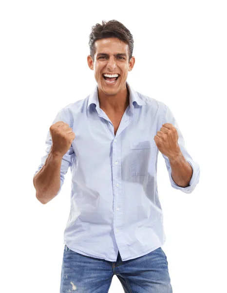Yes Did Portrait Handsome Young Man Cheering His Fists Clenched — Stock Photo, Image
