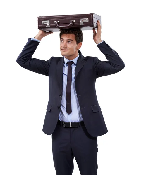 Precaution Rainy Day Young Businessman Holding His Suitcase Top His — Stock Photo, Image