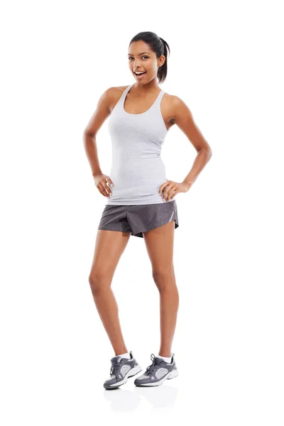 You Ready Get Your Fitness Portrait Sporty Young Woman Standing — Stock Photo, Image