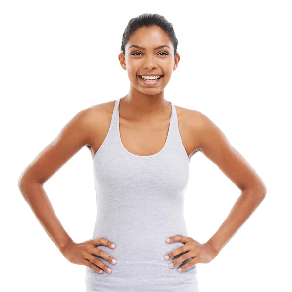 You Ready Get Your Fitness Portrait Sporty Young Woman Standing — Stock Photo, Image