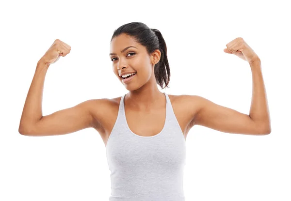Trots Haar Spieren Een Jonge Vrouw Gymkleren Die Haar Armen — Stockfoto