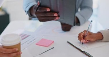 Meeting, tablet and documents with a finance team in the boardroom for planning, strategy or report analysis. Hands, writing and paper with a financial group in the office for portfolio growth.