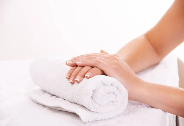 Resting Her Hands Manicure Womans Hands Resting Towel — Stock Photo, Image