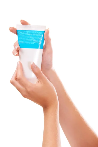 Użyj Tego Produktu Dla Zdrowej Skóry Kobieta Trzymająca Tubkę Kremu — Zdjęcie stockowe