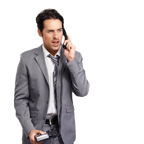 Meinen Sie Damit Ein Wütender Junger Geschäftsmann Schreit Einen Telefonhörer — Stockfoto