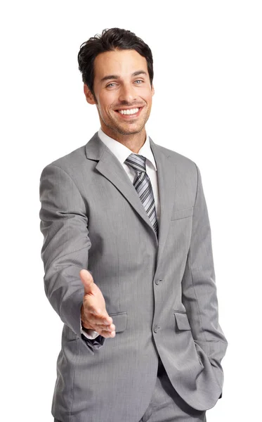 Welcome Team Friendly Young Executive Offering You Handshake While Isolated — Stock Photo, Image