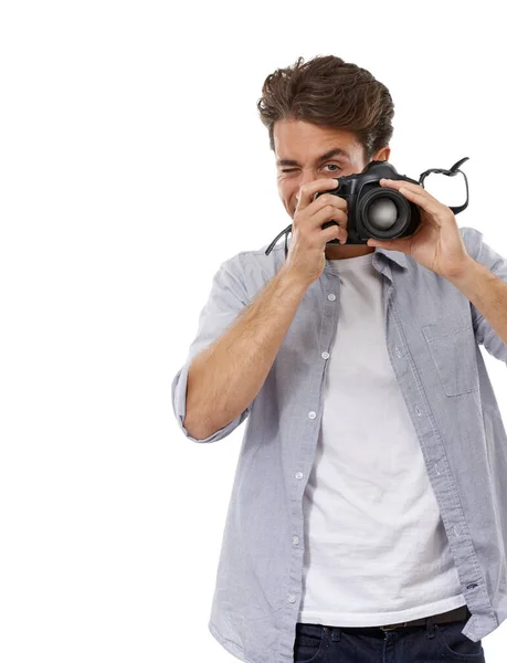 Sorri Para Câmara Retrato Belo Jovem Fotógrafo Tirando Uma Foto — Fotografia de Stock
