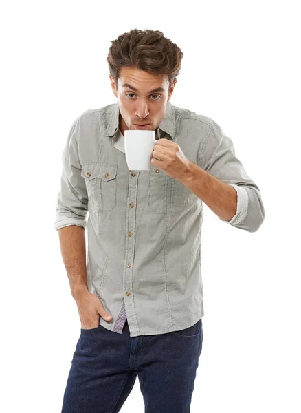 Moc Horko Pití Hezký Mladý Muž Fouká Horký Šálek Kávy — Stock fotografie